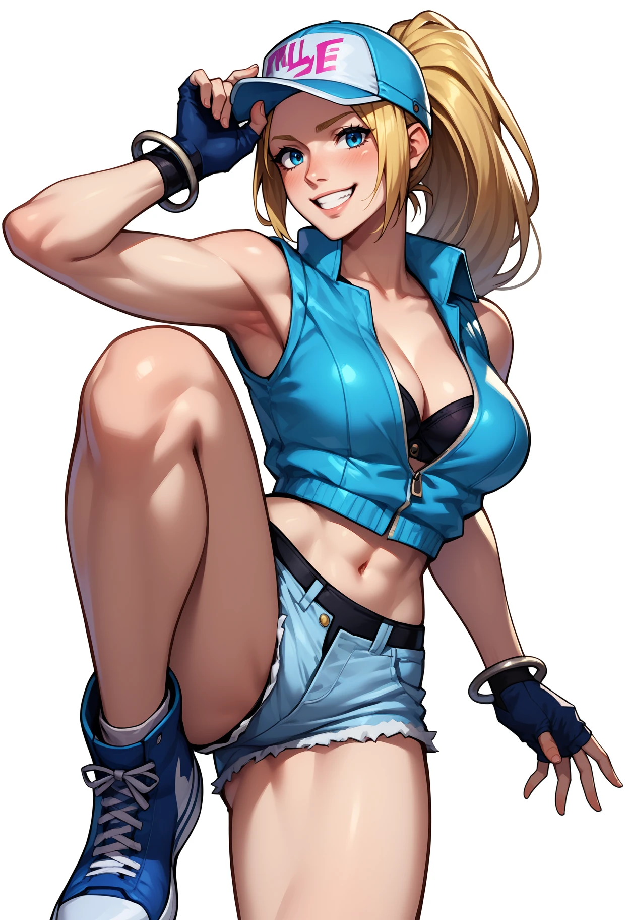 ((MangabiRumiko)), (masterpiece), best quality, expressive eyes, perfect face, highres, (8k), (perfect face), (ultra details), 1 girl, solo, large breasts, terry bogard girl, blonde hair, twintails, gray eyes, long hair, baseball cap, fingerless gloves, denim shorts, shoes, blushing, frightened, anguished, open-mouthed, room background, no posing, standing, portrait, looking herself