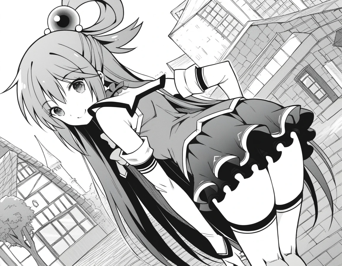 score_9, score_8_up, score_7_up, source_anime,
konosubaaqua, <lora:konosuba-aqua-manga-ponyxl-lora-nochekaiser:1>,
aqua \(konosuba\), long hair, hair ornament, very long hair, hair rings, single hair ring, hair bobbles, monochrome, greyscale,
skirt, shirt, thighhighs, bare shoulders, detached sleeves, white thighhighs,
outdoors, village, bent over, smile,
looking at viewer, cowboy shot, dutch angle, solo,