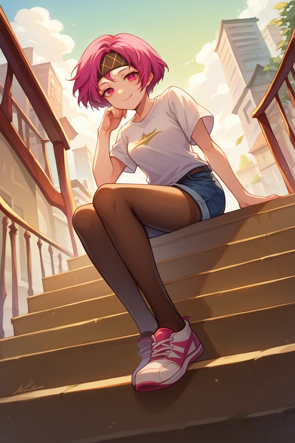 score_9, score_8_up, score_7_up, digital painting, 1girl, solo, <lora:NSNeimiFE8:1> NSNeimiFE8, short hair, pink eyes, headband, white t-shirt, denim shorts, pantyhose under shorts, pantyhose, sitting, stairs, outdoors, city, sneakers, dutch angle, full body, from below, looking at the viewer, smug