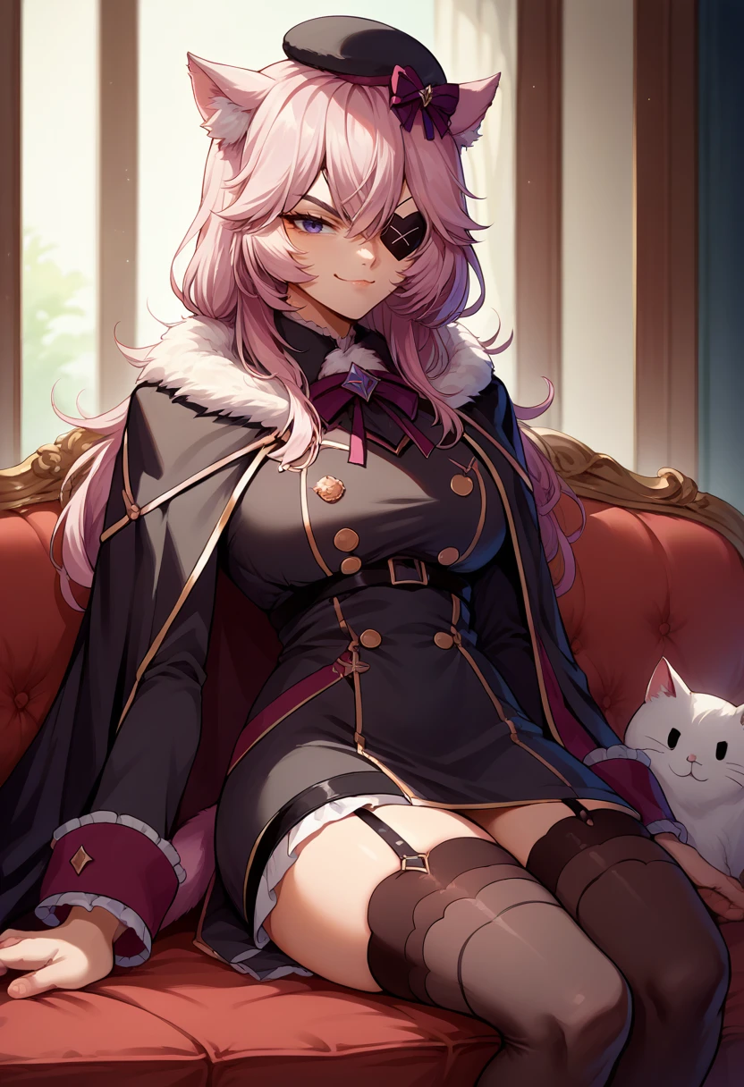 score_9, score_8_up, source_anime, 1girl, solo, CommanderCat, long hair, cat ears, cat tail, eyepatch, beret, black military uniform, black fur-trimmed cape, black thighhighs, garter straps, indoors, sitting, on sofa, confident, smirk, <lora:ChamNyatashaNyannersPonyXL:1>