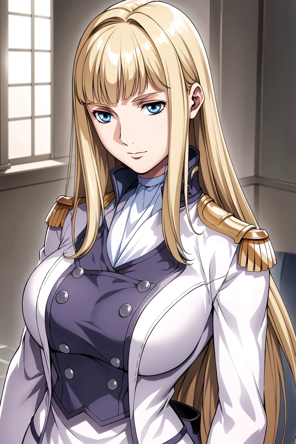 Simple White Background,
dynamic pose,standing at attention,
white jacket, purple shirt,long sleeves, military uniform,
<lora:Relena_Darlian_frozenteardrop-KK77-V1:0.7>,
blue eyes, blonde hair,bangs,Long hair,
<lora:more_details:0.1>,<lora:Oda_Non_Style-KK77-V2:0.3>,<lora:Sexy_AIart-KK77-V1:0.3>,
1 girl, 20yo,Young female,Beautiful long legs,Beautiful body,
Beautiful Nose,Beautiful character design, perfect eyes, perfect face,expressive eyes,perfect balance,
looking at viewer,(Focus on her face),closed mouth, (innocent_big_eyes:1.0),(Light_Smile:0.3),
official art,extremely detailed CG unity 8k wallpaper, perfect lighting,Colorful, Bright_Front_face_Lighting,White skin,
(masterpiece:1.0),(best_quality:1.0), ultra high res,4K,ultra-detailed,
photography, 8K, HDR, highres, absurdres:1.2, Kodak portra 400, film grain, blurry background, bokeh:1.2, lens flare, (vibrant_color:1.2),professional photograph,
(Beautiful,large_Breasts:1.4), (beautiful_face:1.5),(narrow_waist),