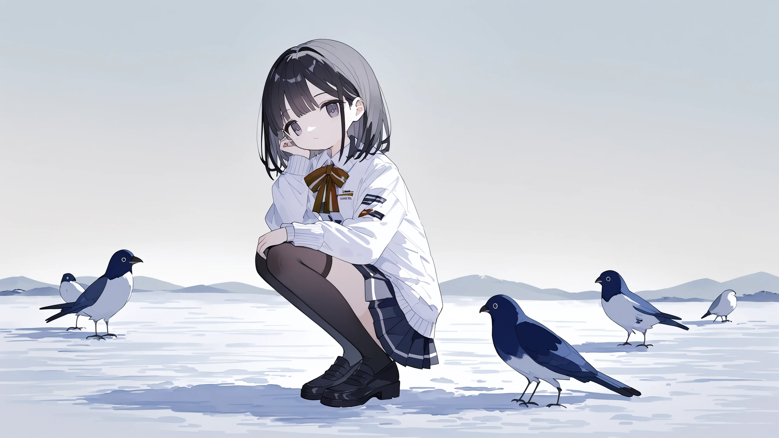 masterpiece,wallpaper,(watercolor pencil),a girl,black hair,winter_clothes,pleated_skirt,black thighhighs,squat,gohei,(pigeon:1.5),masterpiece,best quality,rating_safe,<lora:6.1:0.8>,, score_9,score_8_up,score_7_up,Expressiveh,rating_safe,(masterpiece, best quality)