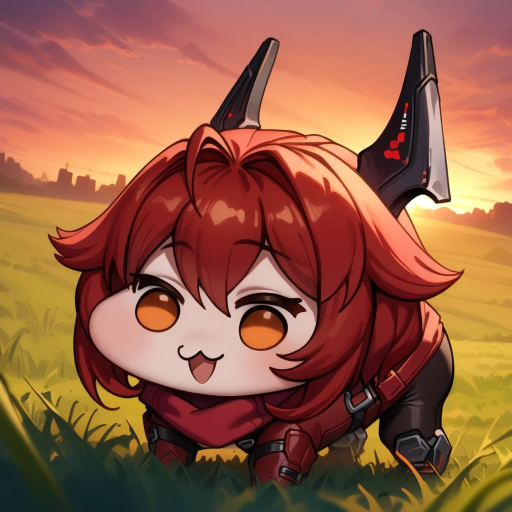 <lora:doro_xypher_amxl_v1:1> doro, :3, chibi, solid circle eyes, no pupils, all fours, no humans
, <lora:RedHoodXLV10:0.8> redhoodx, mechanical horns, red jacket, red scarf, black pants, open mouth
, field, sunset
, masterpiece, best quality, very aesthetic, absurdres