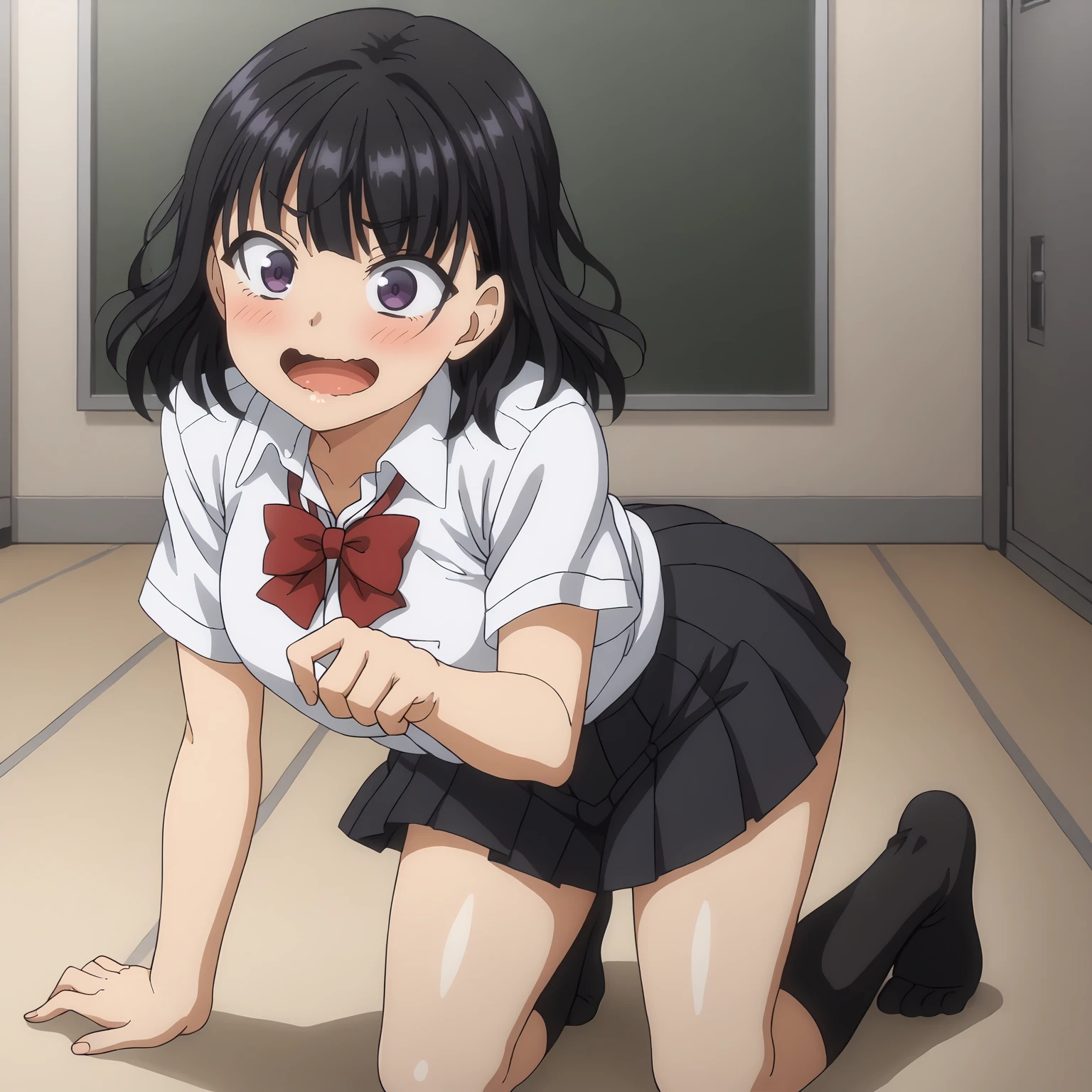 score_7_up, anime screencap, TinoShade, 1girl, ((solo)), medium breasts, medium hair, black hair, blue eyes, hair bow, red bow, red ribbon, dollsuit,open mouth, spread legs, ahegao,be beaten,torn clothes,lying,tiles floor