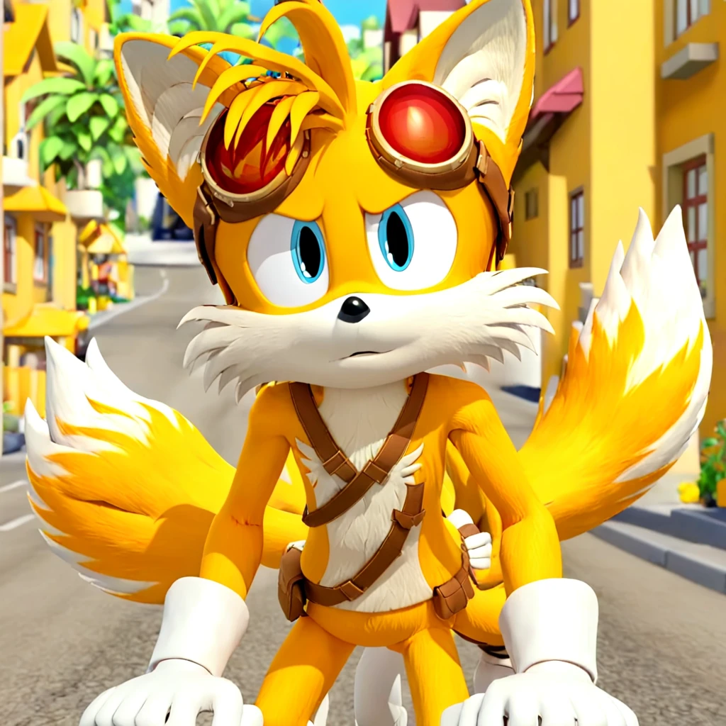 <lora:tails:1>tails_boom, solo, blue eyes, gloves, 1boy, animal ears, male focus, white gloves, fox ears, goggles, multiple tails, furry, goggles on ,furry male, animal nose, fox boy, streets, town, road,