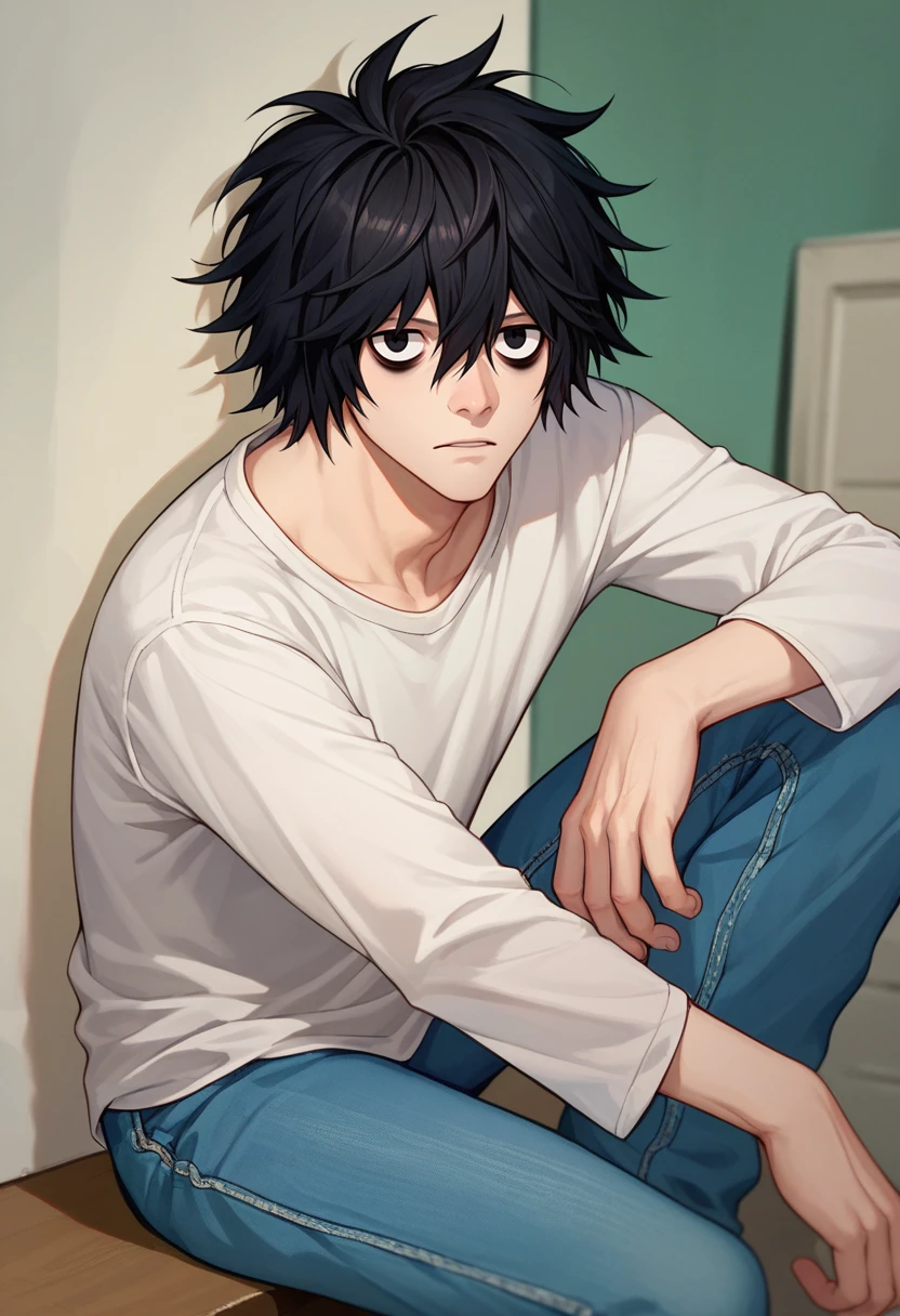 score_9, score_8_up, score_7_up, 1boy, L, black hair, short hair, messy hair, black eyes, bags under eyes, white shirt, jeans, looking at viewer,   <lora:L lawliet-000008:1>