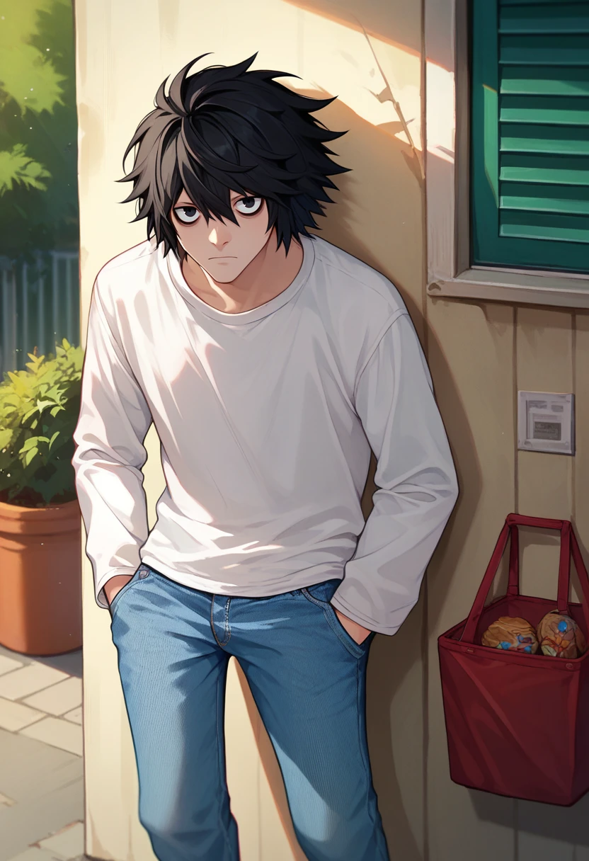 score_9, score_8_up, score_7_up, 1boy, L, black hair, short hair, messy hair, black eyes, bags under eyes, white shirt, jeans, hands in pockets, outdoors, looking at viewer,   <lora:L lawliet-000008:1>