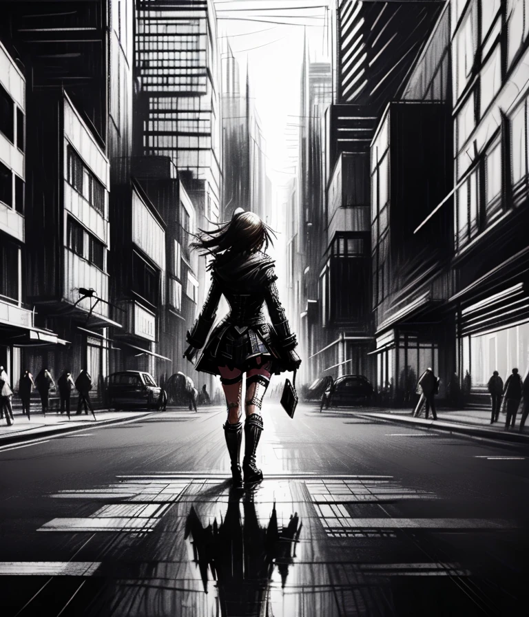 scribble, female, full body, city street, skyline background <lora:scribble-15:.99>