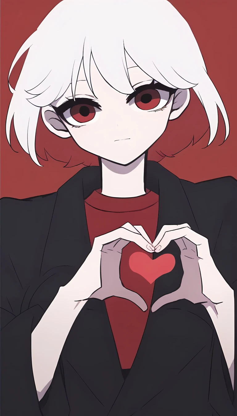 score_9, score_8_up, score_7_up, source_anime, masterpiece, 1girl, hrt111, white hair, colored inner hair, red shirt, black coat, simple background, looking at viewer, red background, upper body, heart hand, head tilt,<lora:Heart111PONY:1>,