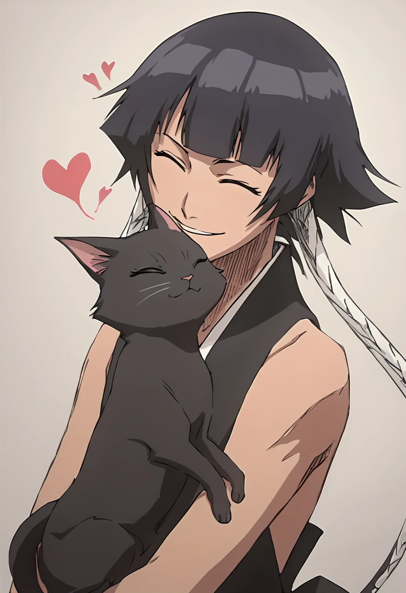 score_9, score_8, score_7, sui-feng cuddling a cat, black, sleeveless, black kimono <lora:Soi_Fon:1>, hearts, smiling, eyes closed