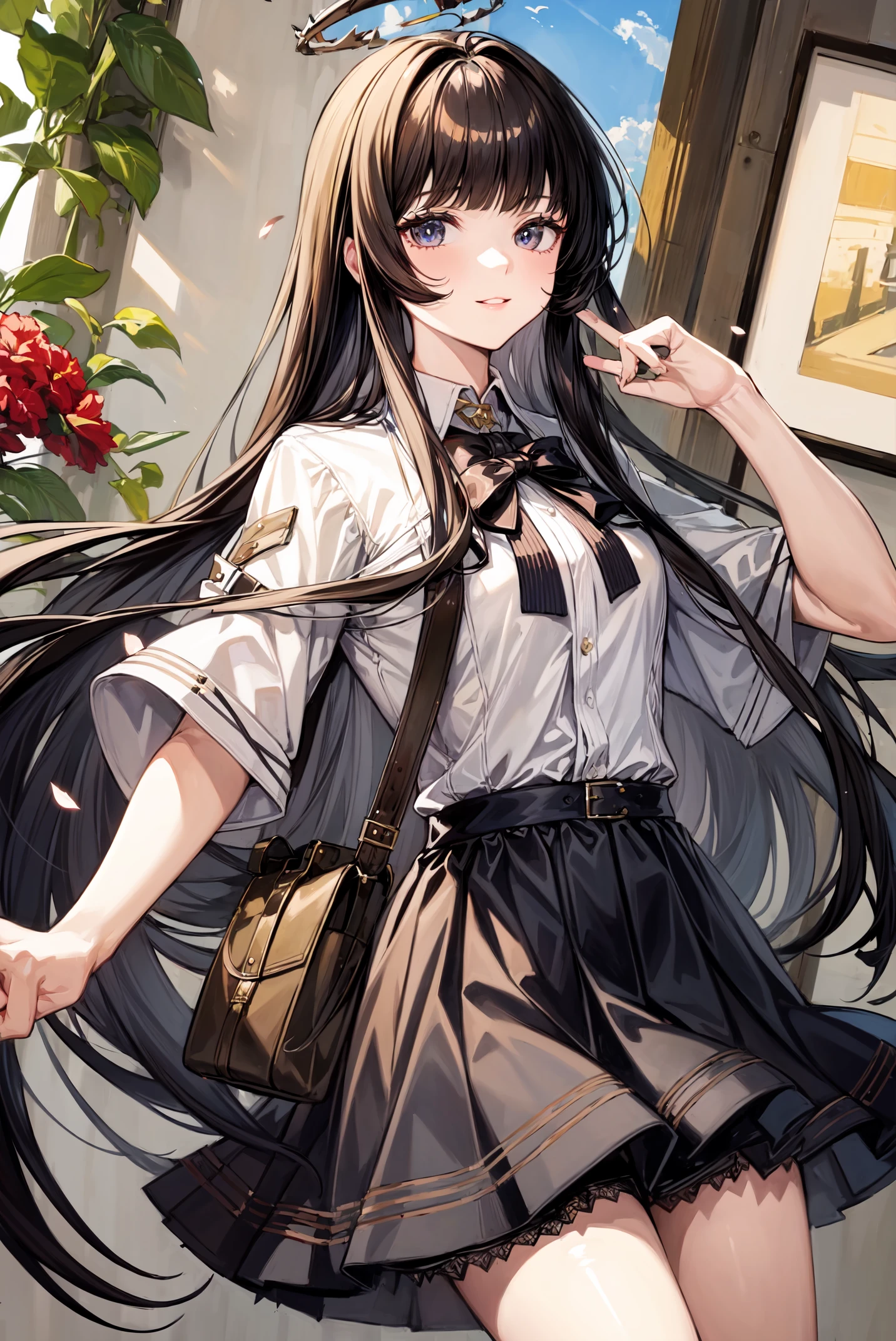 1girl,solo,masterpiece,best quality,high quality,absurdres,looking at viewer,<lora:add_detail:0.6>,<lora:virtuosa_v1.5:0.7>,shirt,skirt,