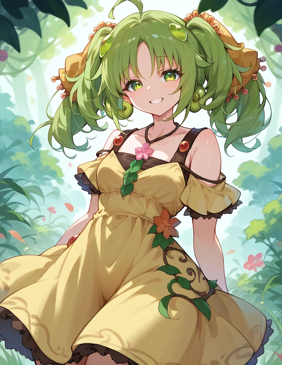 score_9,score_8_up,score_7_up,score_6_up,score_5_up,score_4_up,
1girl,solo,<lora:traptrixsera_pony:1>,traptrix sera, green hair, twintails, green eyes, dress, yellow dress, smile
