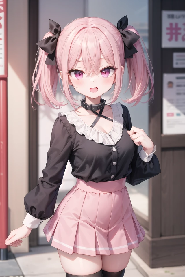 <lora:talkmouth_O_type1_v200:1>
insanely detailed, absurdres, ultra-highres, ultra-detailed, best quality,
1girl, solo, nice hands, perfect hands
BREAK
jirai kei,thighhighs, skirt, twintails, pink skirt, collar, bow, black thighhighs, black bow, long hair, pink bow, hair bow, spiked collar
BREAK
(nsfw:-1.5)
BREAK
smile, open mouth
BREAK
,
standing, cowboy shot, looking at viewer
BREAK
slender, kawaii, perfect symmetrical face, ultra cute girl, ultra cute face, ultra detailed eyes, ultra detailed hair, ultra cute, ultra beautiful
BREAK
in japanese street, cityscape in japan, depth of field, ultra detailed background
BREAK
medium breasts
BREAK
pink hair, pink eyes, short hair, hair between eyes