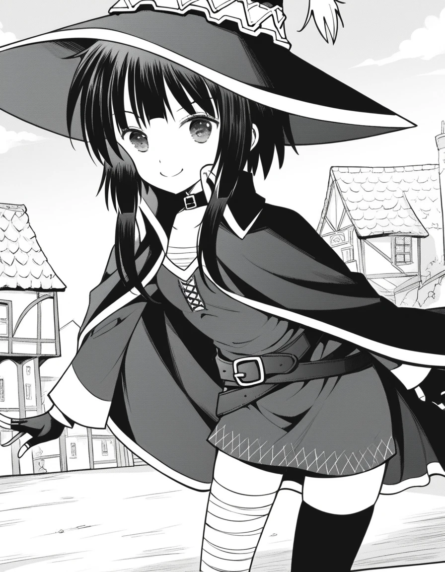 score_9, score_8_up, score_7_up, source_anime,
konosubamegumin, <lora:konosuba-megumin-manga-ponyxl-lora-nochekaiser:1>,
megumin, short hair, black hair, short hair with long locks, monochrome, greyscale,
thighhighs, gloves, hat, dress, black gloves, belt, black thighhighs, fingerless gloves, cape, collar, witch hat, bandages, single thighhigh, asymmetrical legwear, bandaged leg,
outdoors, village, bent over, smile,
looking at viewer, dutch angle, cowboy shot,