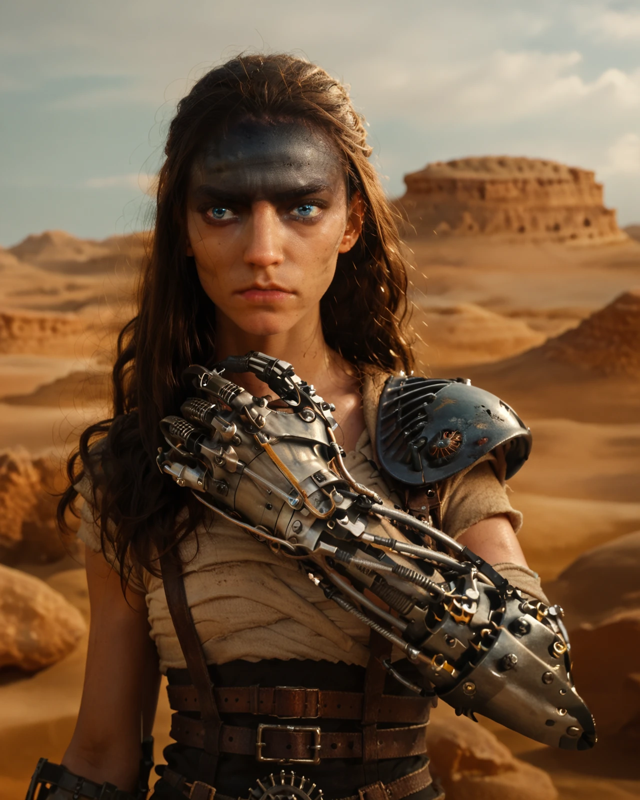 <lora:Furiosa_A_mad_Max_saga:0.8> mmsfuriosa, upper body, mechanical arm, long hair, blue eyes, desert background, solo, woman, dark forehead, hands visible, score_9, score_8_up, score_7_up, score_6_up, score_5_up, score_4_up