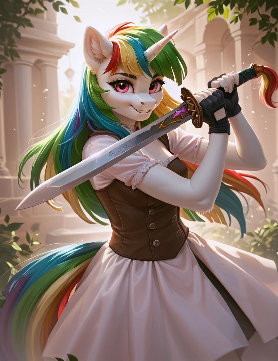 score_9, score_8_up, score_7_up,
source_furry,
low guard sword parry stance,holding sword,
female, solo, breasts, unicorn, hair, fur, my little pony, fingerless gloves, gloves, outside, smile, equine, fingers, anthro, green hair, looking at viewer, mammal, shaded, eyelashes, pink eyes, horn, rainbow hair, multicolored hair, eyebrows, hasbro, detailed background, friendship is magic, 5 fingers, white body, iskra, 2021, equid, digital media \(artwork\), 2020, inner ear fluff, handwear,
<lora:low_guard_parry_stance:0.8>
