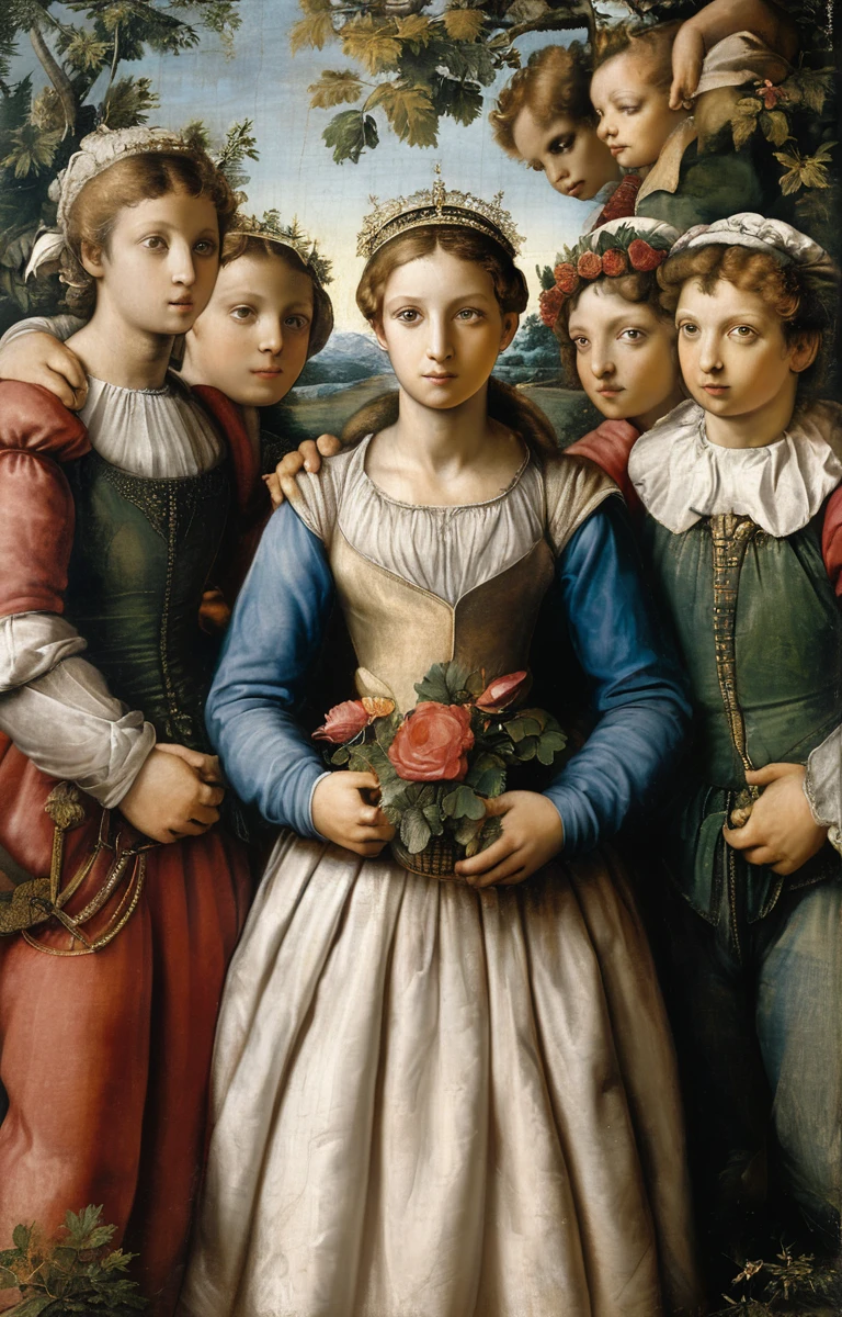 masterpiece,best quality,<lora:tbh196-sdxl:0.9>,illustration,style of Raphael
 portrait of family