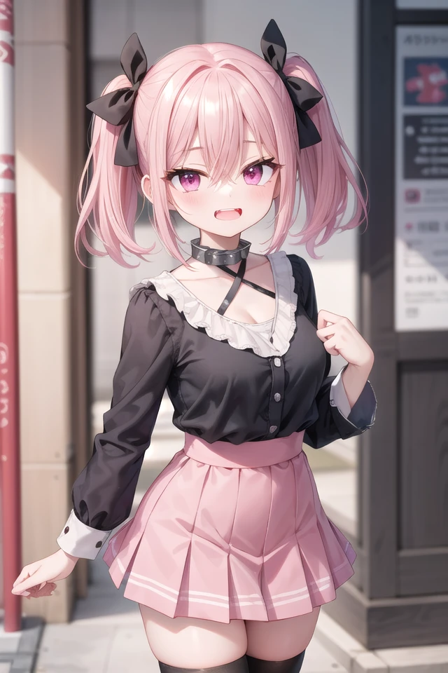 <lora:talkmouth_E_type2_v100:1>
insanely detailed, absurdres, ultra-highres, ultra-detailed, best quality,
1girl, solo, nice hands, perfect hands
BREAK
jirai kei,thighhighs, skirt, twintails, pink skirt, collar, bow, black thighhighs, black bow, long hair, pink bow, hair bow, spiked collar
BREAK
(nsfw:-1.5)
BREAK
smile, open mouth
BREAK
,
standing, cowboy shot, looking at viewer
BREAK
slender, kawaii, perfect symmetrical face, ultra cute girl, ultra cute face, ultra detailed eyes, ultra detailed hair, ultra cute, ultra beautiful
BREAK
in japanese street, cityscape in japan, depth of field, ultra detailed background
BREAK
medium breasts
BREAK
pink hair, pink eyes, short hair, hair between eyes