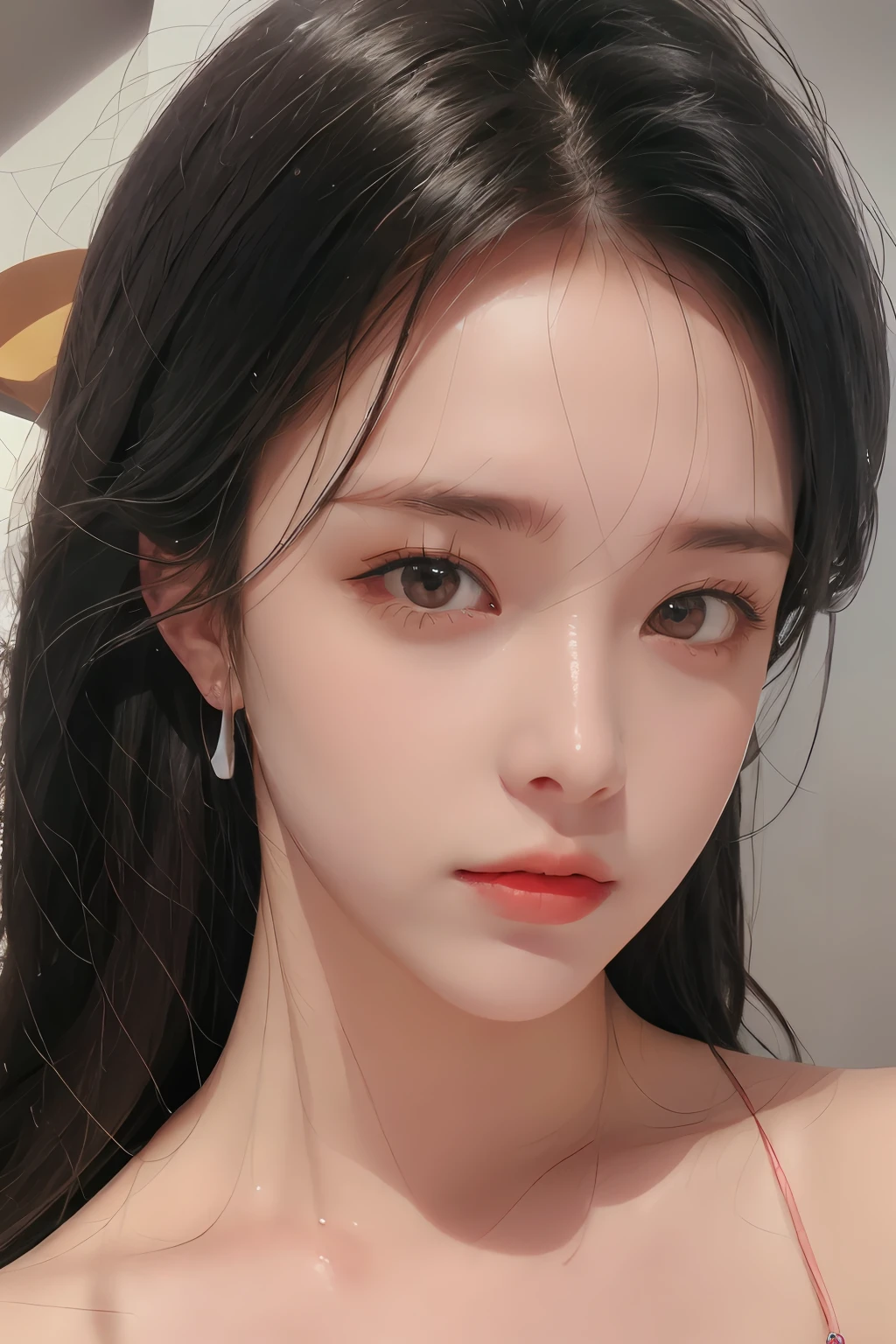 masterpiece, (Best quality:1.3), Raw Photo, realistic, (photorealistic:1.3), 1girl, solo, looking at viewer, portrait, simple gray background, <lora:Lee_Seul_BJ:1>