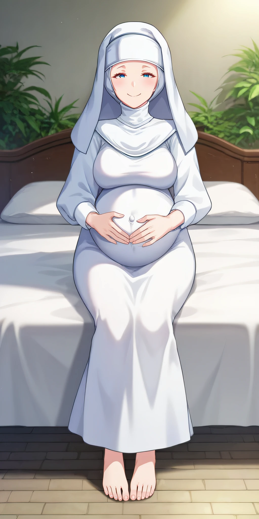 score_9, score_8_up, score_7_up, source_anime, rating_safe, intricate details, anime screencap, official style, <lora:Elouise_Sussex:1>, elouise, blue eyes, nun, habit, white dress, white sleeves, taut dress, large breasts, smile, looking at viewer, full body, long skirt, feet, barefeet, sitting on bed, hands on belly, pregnant, naughty face, covered navel, five toes, five fingers