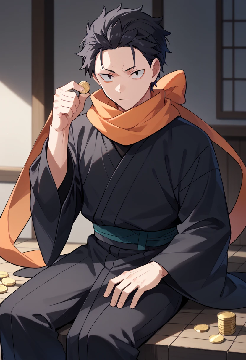 Score_9, score_8_up, score_7_up, score_6_up, scre_5_up, source_anime, very asthetic,  rating_safe, BREAK, natsuki subaru, WrathIF, male focus, 1boy, orange scarf, japanese clothes, sitting, short hair, black hair, black kimono, looking at viewer, hand up, coin,  flipping coin, hair slicked back, long sleeves, <lora:NatsukiSubaruAIO-XL-V1:1>