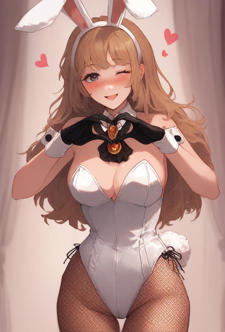 (score_9, score_8_up:1.1), score_7_up, masterpiece, <lora:Catherine_Limbus_Company:1>, CatherineLimbus, NormalCatherine, 1girl, solo, long hair, breasts, looking at viewer, blush, smile, open mouth, bangs, brown hair, gloves, animal ears, bare shoulders, closed mouth, standing, tail, heart, pantyhose, cowboy shot, hairband, frills, one eye closed, black gloves, rabbit ears, leotard, hands up, fake animal ears, playboy bunny, brooch, rabbit tail, fishnets, white leotard, fishnet pantyhose, heart hands, manor background