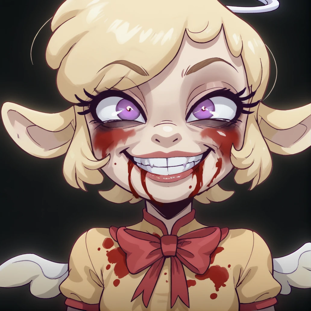Female, Keenie, Halo, wings, shortstack, face focus, blood splatter, crazy, insane, smile, sinister, <lora:Realistic000003_1_2.5DAnime_0.05_Merge1:1>, <lora:Keenie:1> <lora:1dkXLP:0.43>