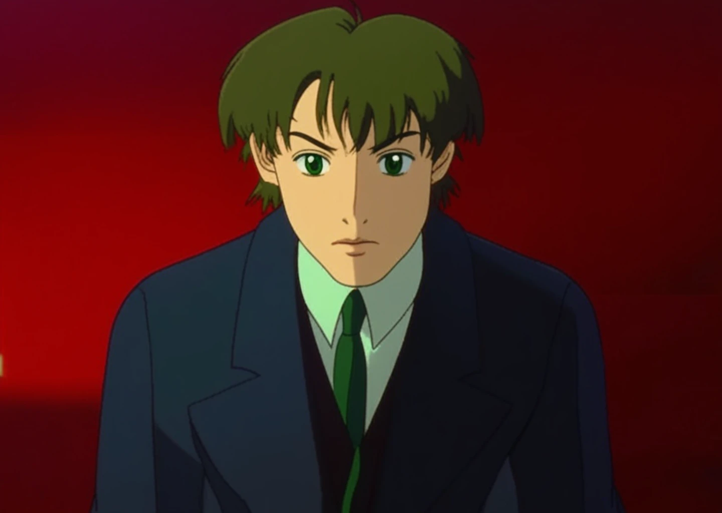 1boy, green_eyes,, wearing a suit, ghibli, button up shirt, cinematic, 80s film still