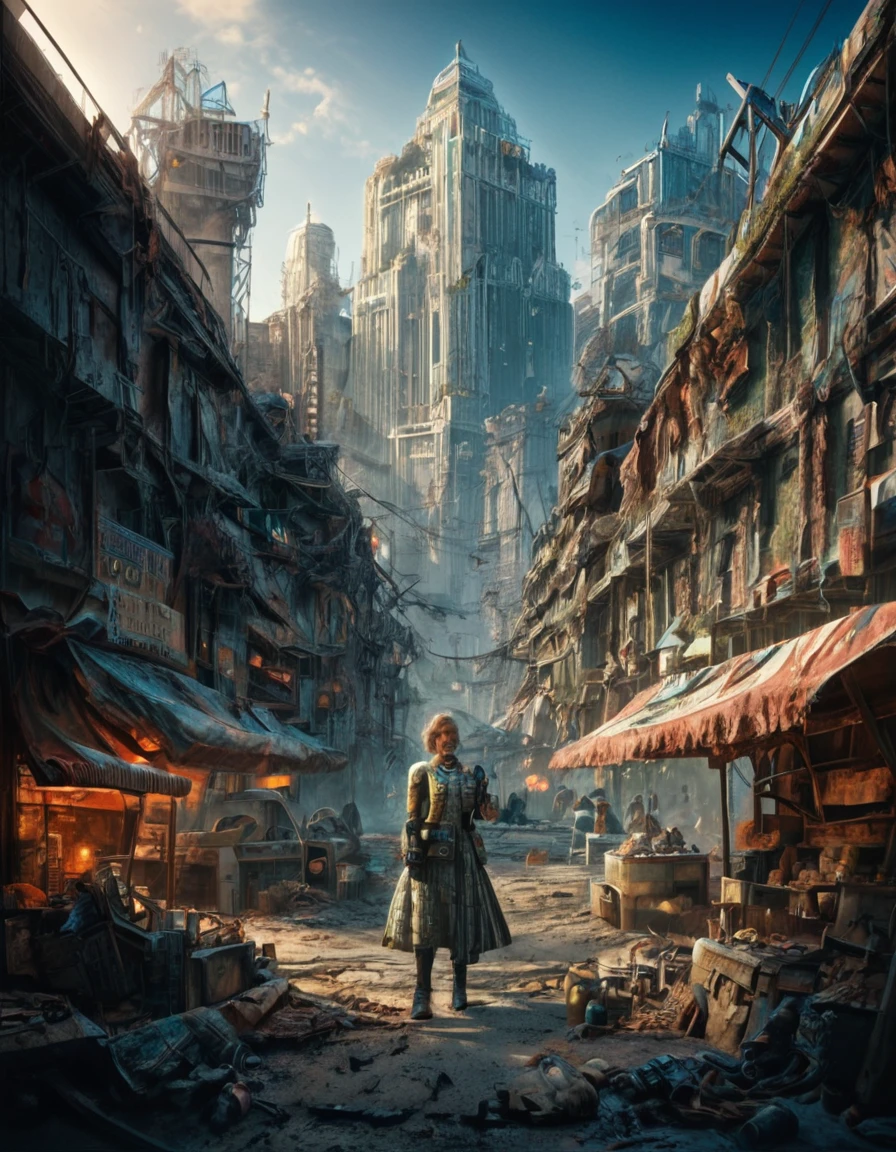 (masterpiece), (best quality), (ultra-detailed), score_9, score_8_up, score_7_up, falloutlora, city, illustration, disheveled hair, detailed eyes, perfect composition, moist skin, intricate details, earrings, by wlop, Wide Shot score_9, score_8_up, score_7_up, falloutlora, city . Expansive view, detailed landscape, high-resolution, panoramic perspective