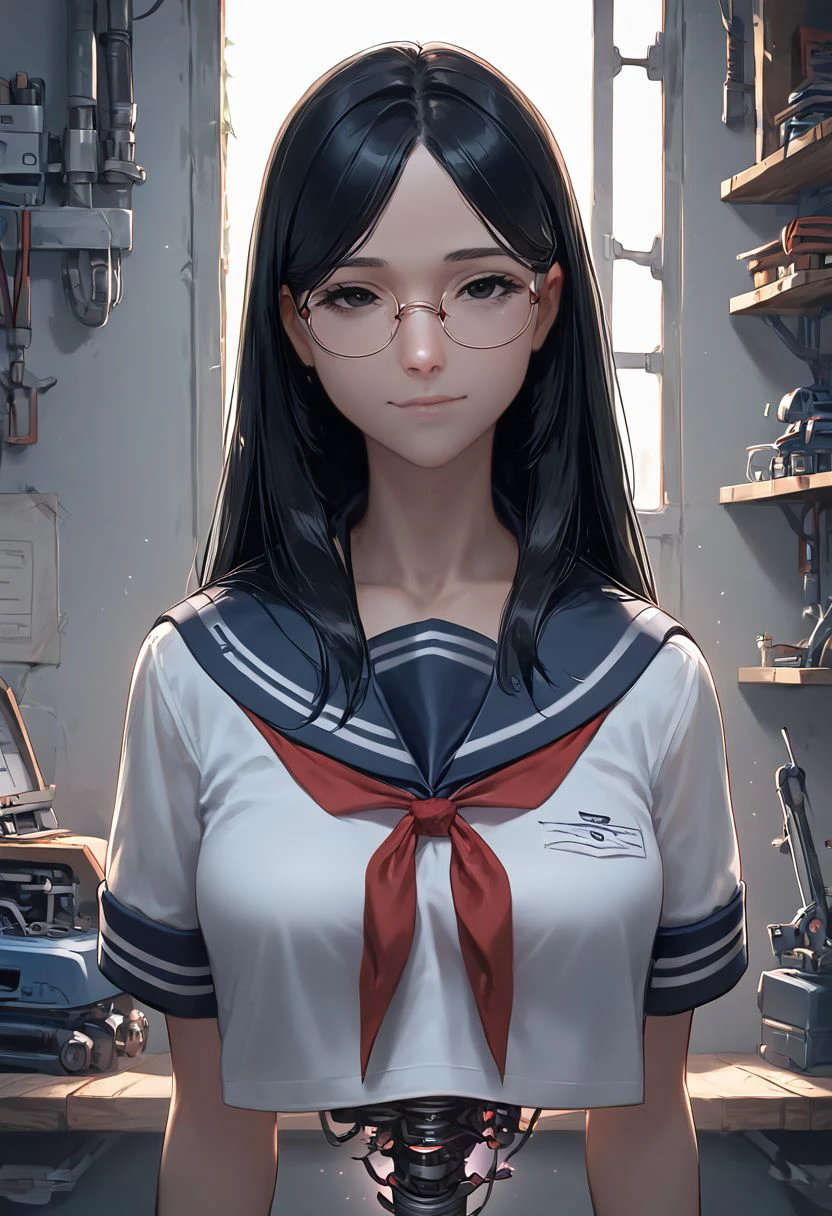 score_9, score_8_up, score_7_up, 1girl, robot torso, beautiful girl, long black hair, straight hair, black eyes, school uniform, serafuku, sailor collar, detailed eyes, expressionless eyes, confused, round glasses, smile:0.5, full view, looking at viewer, workshop, robot station, Expressiveh