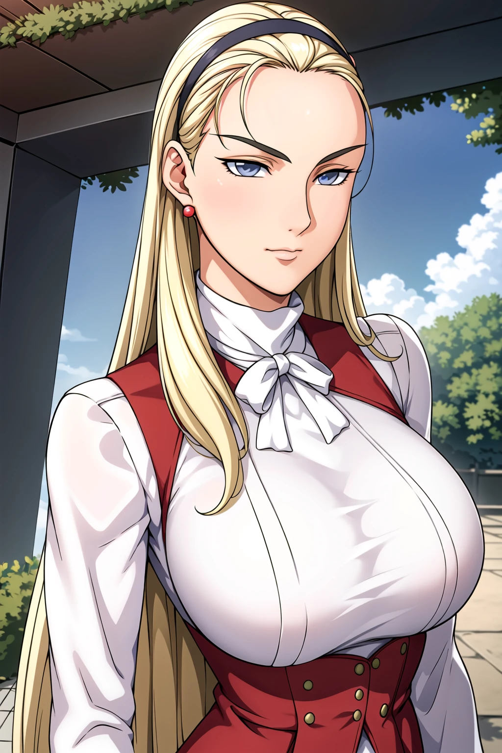 One Girl,Blonde,Long Hair,ponytail,Swollen lips,Painted lips,Thick lips,Eros Smile Face,Oily,Shiny skin,Big Breasts,Cleavage,Close-fitting clothing
