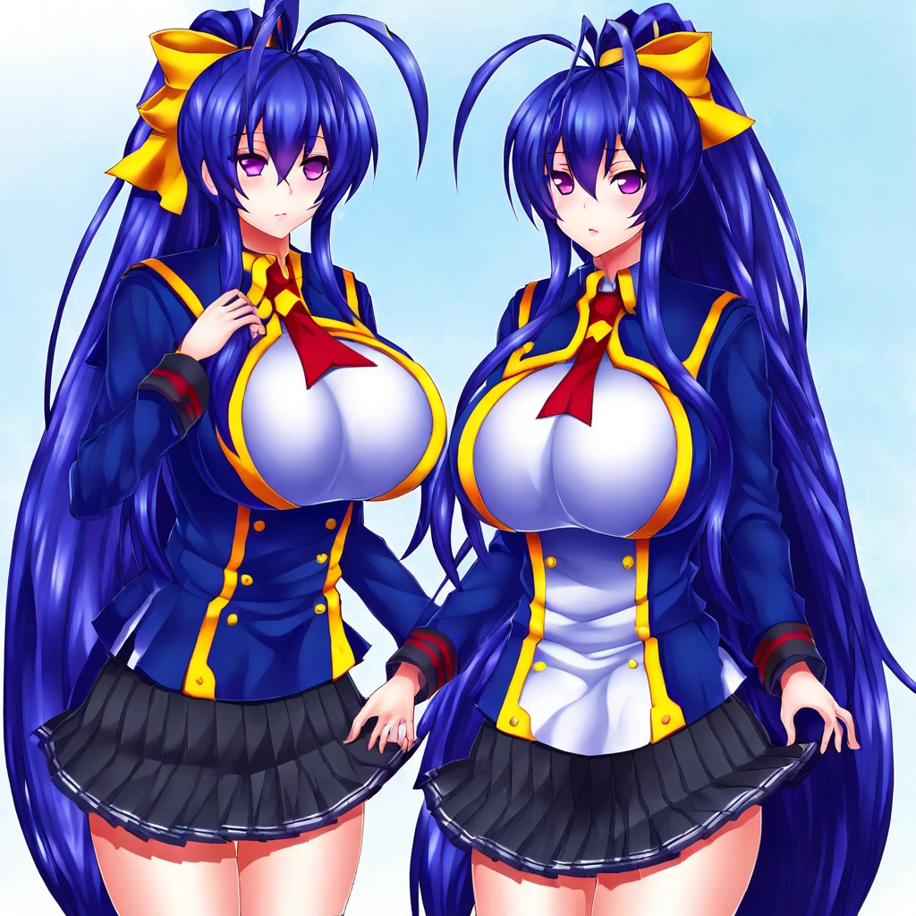 purple eyes, blue hair, long hair, antenna hair, ponytail, hair between eyes, very long hair, yellow ribbon, large breast, sidelocks, school uniform, white shirt, blue coat, red tie, pleated skirt, black skirt,