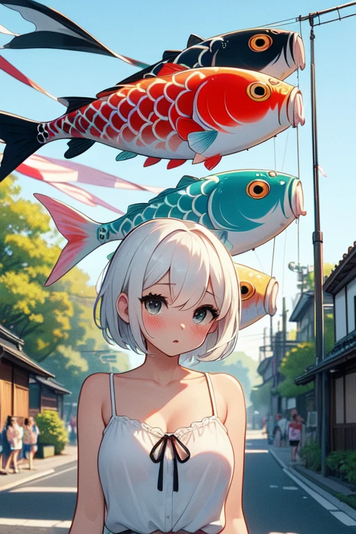 (((masterpiece))), (((best quality))), (((koinobori))), (((colorful carp))), (((flagpole))), ((carp streamer)), looking up, parted lips, floating hair, camisole, walking, busy, street, alley, sky, wind, tree, petals, greenery, lamppole, power pole, low house, japan building, ((crowd)), ((summer festival)), solo, 1girl, white hair, short hair, cleavage, big tits, shy, blush, slim figure, <lora:girllikekoinobori:0.9>