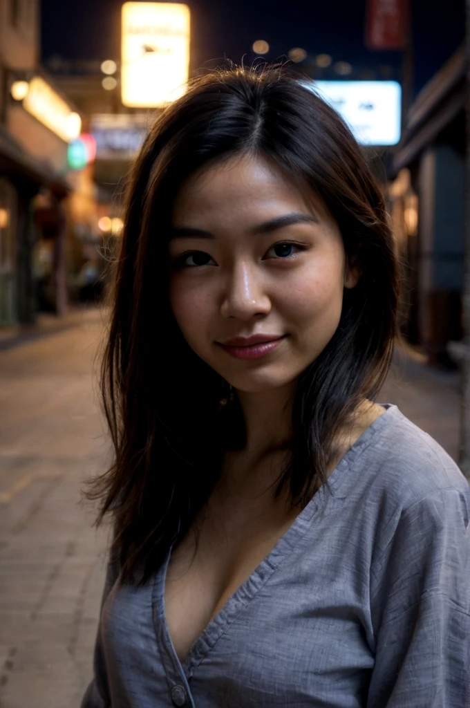 (ZPDXLrl), 
18yo japanese woman, asian, shadows, perfect face, (green eyed), nighttime,dark photo,grainy,dimly lit,seductive smirk,harsh camera flash, grainy, highly detailed, (freckles:0.5), (skin texture), (background town), bokeh, (snub nose)