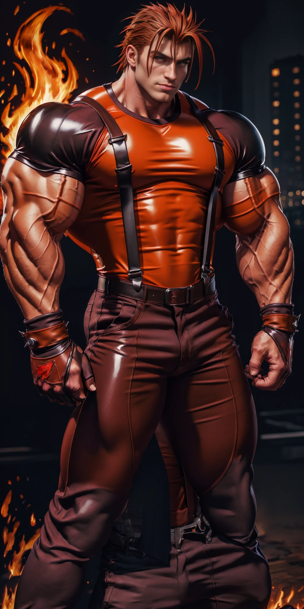 ((best quality)), ((masterpiece)), ((realistic)), (detailed)
shiny latex , muscular male, muscled, muscular,
1boy,
jimmyrd,  t-shirt, armband, brown hair, pants, suspenders,   scar,   spiked hair,  . fingerless gloves, male focus, red and black shirt, crest
shirt, elbow pads, fire, (long hair:0.8),
 <lora:Jimmy:1>