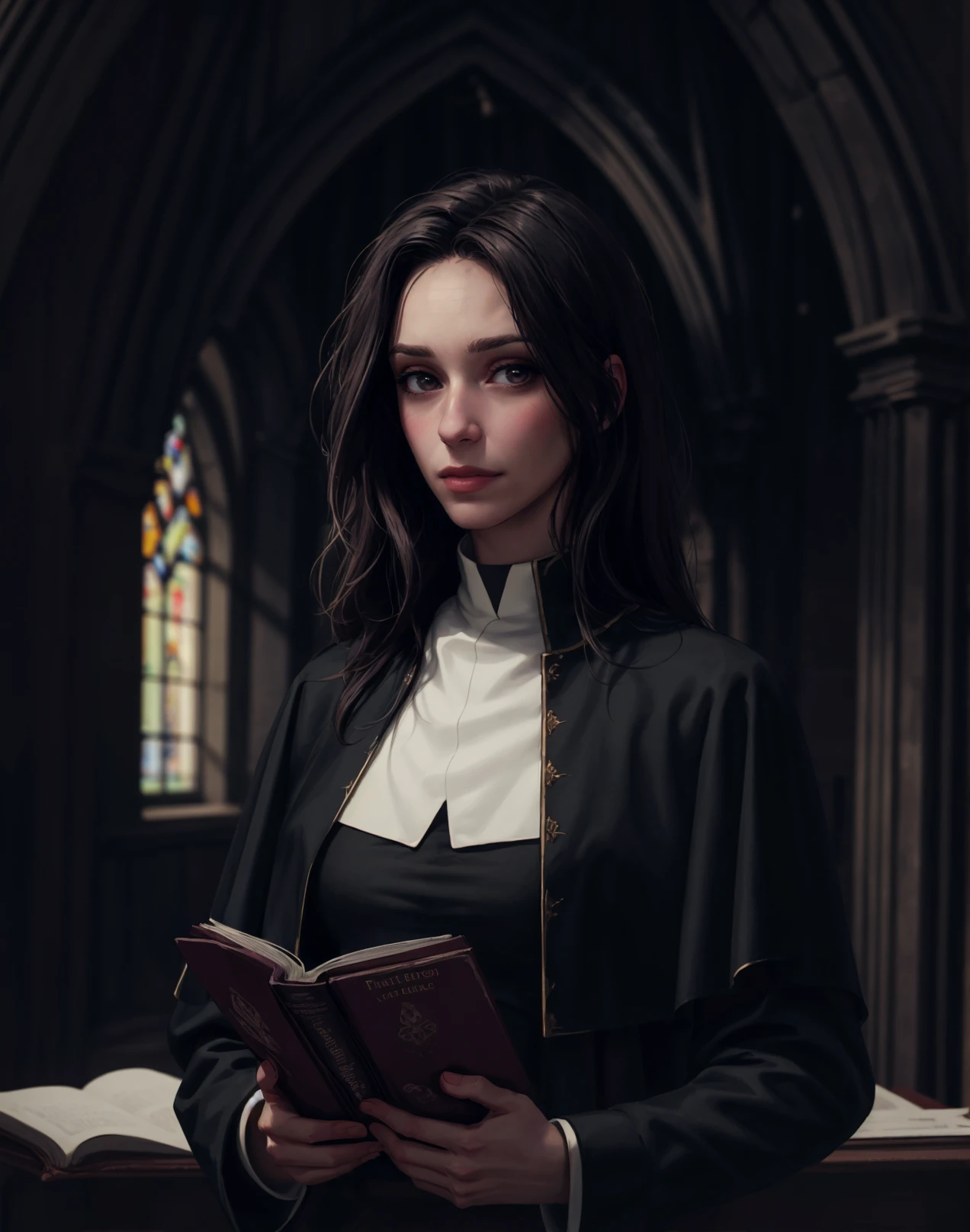 <lora:add_detail:0.75>, (digital art, best quality, realistic face:1.1), dark theme, <lora:Essoe:0.8>, looking at viewer, 1woman wearing priest's cassock, white clerical collar, long hair, holding a book, upper body, detailed background, in an old chapel, <lora:zoom_slider_v1:0.5>