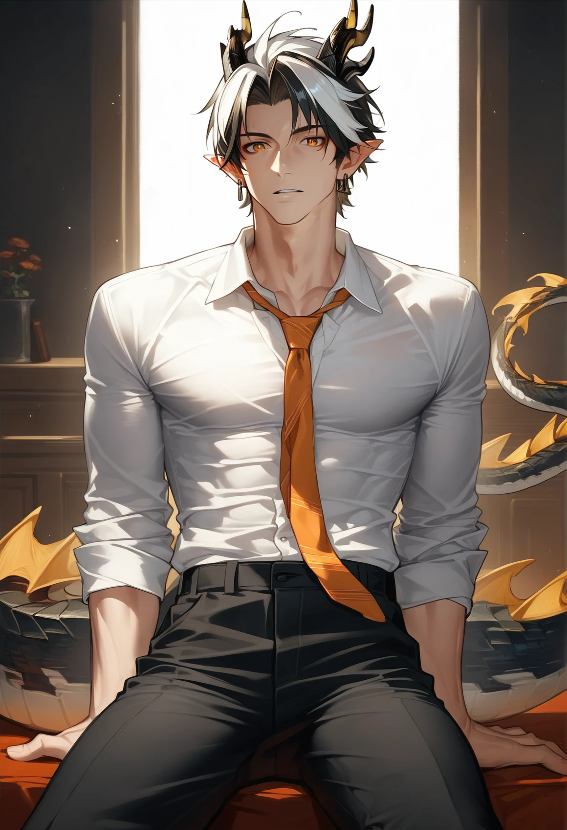 <lora:somoss-000008:0.8>,1boy,necktie,male focus,cowboy_shot,shirt,horns,solo,black hair,tail,pointy ears,looking at viewer,dragon boy,multicolored hair,white hair,jewelry,pants,sitting,dragon tail,earrings,orange eyes,black pants,dragon horns,parted lips,shirt,short hair,bangs,somoss,, score_9,score_8_up,score_7_up,score_6_up,rating_explicit