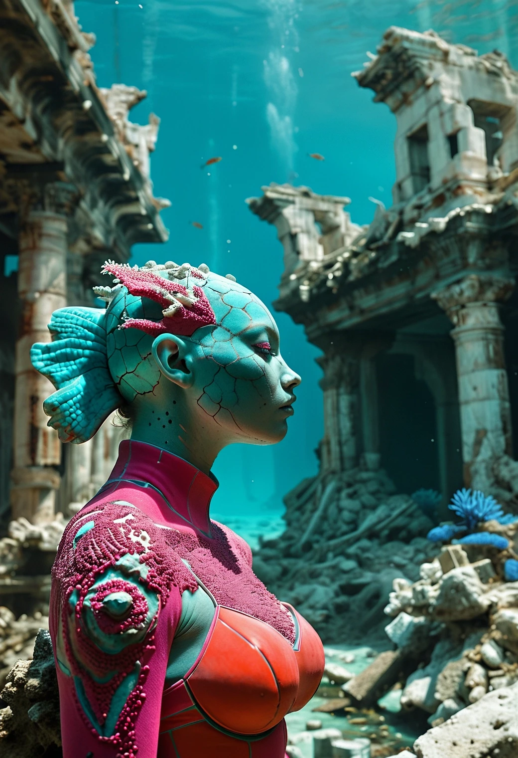 imagine, dream of, dark at night, dim light, (art by Stephen Shore:0.7) , Concept art, Drawing, Photograph, upper body shot of a portly (turquoise, coral, hot pink, amidst the ruins of an once-great underwater city, sharp, crisp, clear, detailed:1.2) , - Salamander hybrid, ๐, wearing costume, Fast Shutter Speed, Fujicolor Pro 400H, 80mm, detailed skin, 4K, science fiction, (art by Stephen Shore:0.7) , Concept art, Drawing, Photograph, upper body shot of a portly (turquoise, coral, hot pink, amidst the ruins of an once-great underwater city, sharp, crisp, clear, detailed:1.2) , - Salamander hybrid, ๐, wearing costume, Fast Shutter Speed, Fujicolor Pro 400H, 80mm, detailed skin, 4K, science fiction