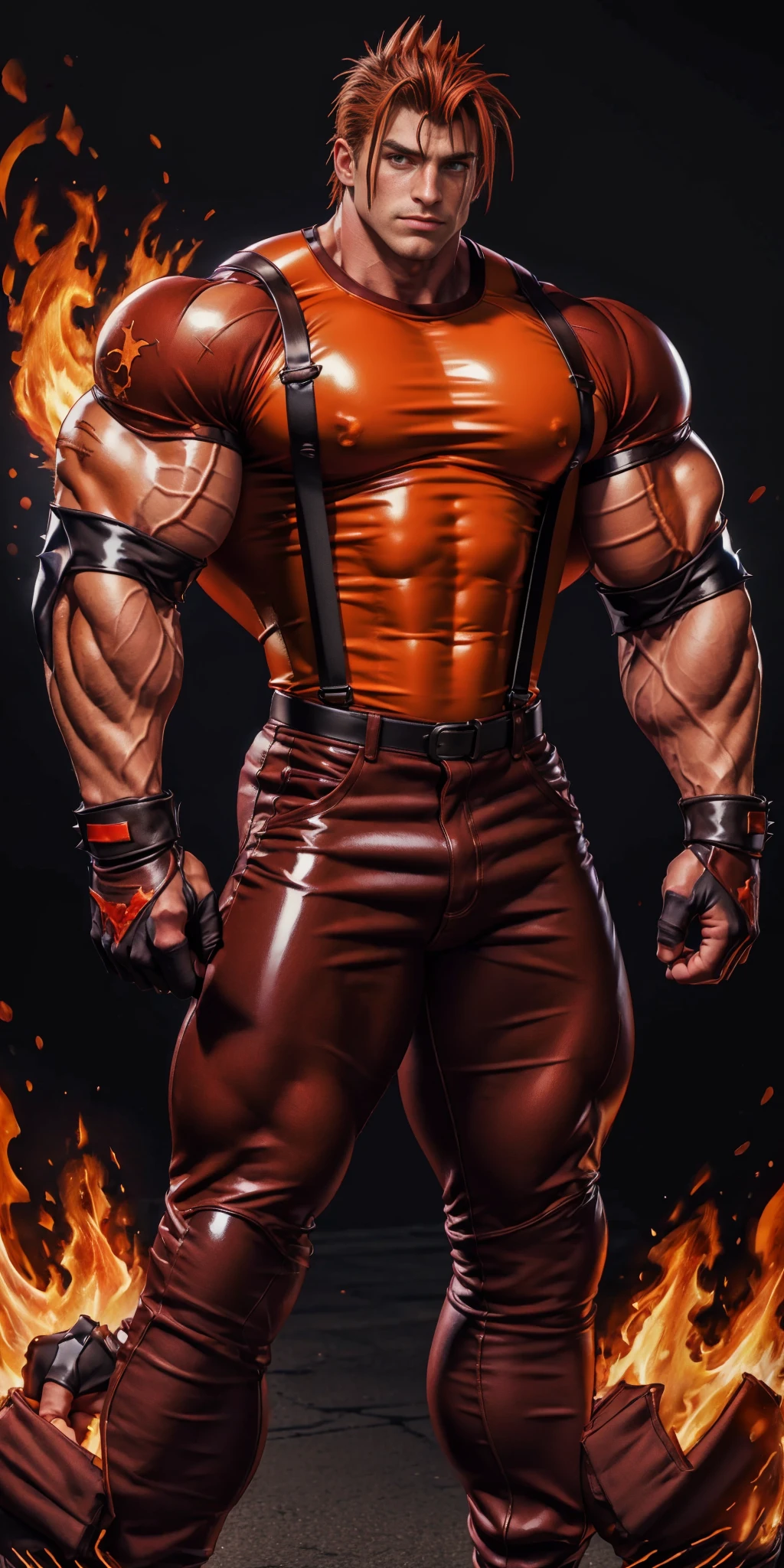 ((best quality)), ((masterpiece)), ((realistic)), (detailed)
shiny latex , muscular male, muscled, muscular,
1boy,
jimmyrd,  t-shirt, armband, brown hair, pants, suspenders,   scar,   spiked hair,  . fingerless gloves, male focus, red and black shirt, crest
shirt, elbow pads, fire, (long hair:0.8),
 <lora:Jimmy:1>