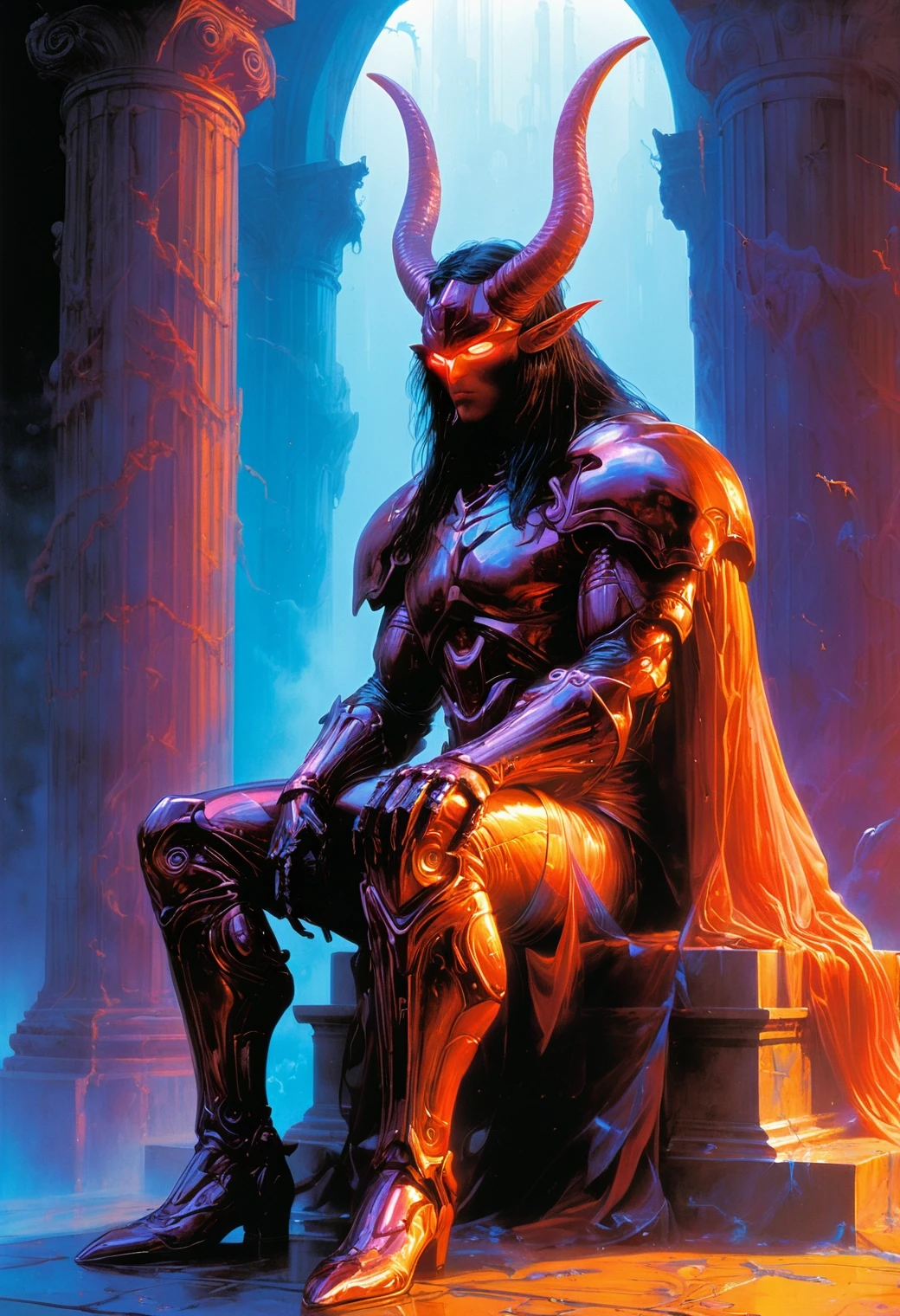 imagine, dream of, pop Art style art by Tetsuo Hara, anime key visual, heavyset (by wayne barlowe, by claire hummel, by andrew ferez, a luminous transparent ghostlike entity, in the (style of character design sheet:1.6) , retro game art, 16-bit, vibrant colors, pixelated, nostalgic, charming, fun, limited dark palette, unusual colors, atmospheric haze, highly dramatic volumetric lighting:1.3) , at Golden hour, decal art, RTX, pixiv, cozy, Muscular man in fantasy armor, gold and red, sitting on steps in front of columns. Long hair, horns, outdoor setting during daylight hours, vibrant colors, striking contrast between reality and fantasy, epic grandeur, otherworldly allure, attention to detail, immersive atmosphere. . bright colors, bold outlines, popular culture themes, ironic or kitsch