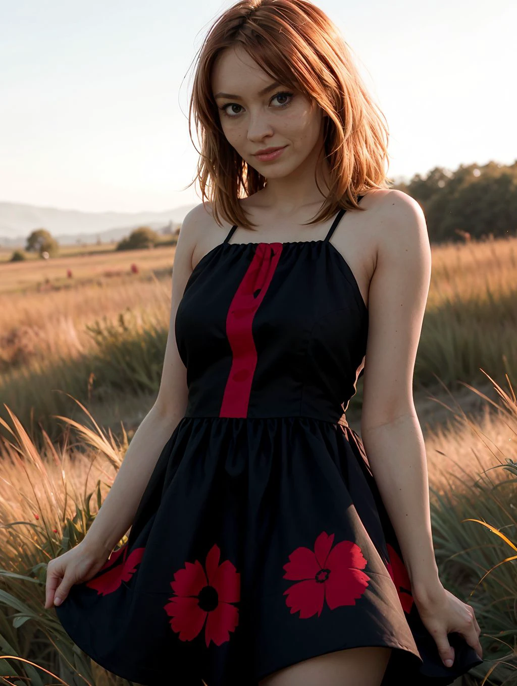 Natalia8, upper body portrait of a standing smiling woman wearing a black folk dress with red patterns outdoors in a grass field (eye contact:1.3), hair blowing in the wind, at golden hour