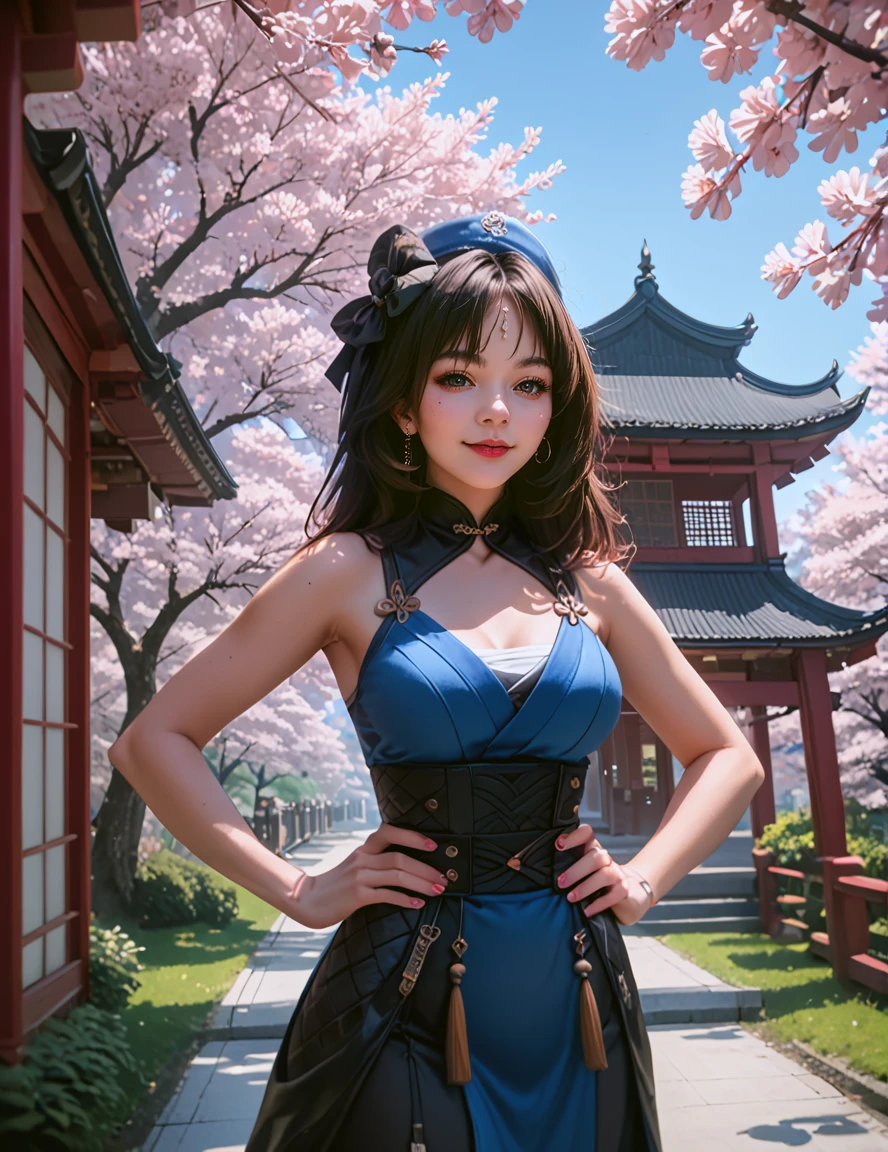 score_9, score_8_up, score_7_up, 
rating_safe,source_anime,
y4ngy4ng, official_costume, bouquet, branch,  spring \(season\), looking at viewer, hands on hips, detailed background,
seductive smile,
trees, cherry blossoms,
east asian architecture,
<lora:yangyang:0.8>