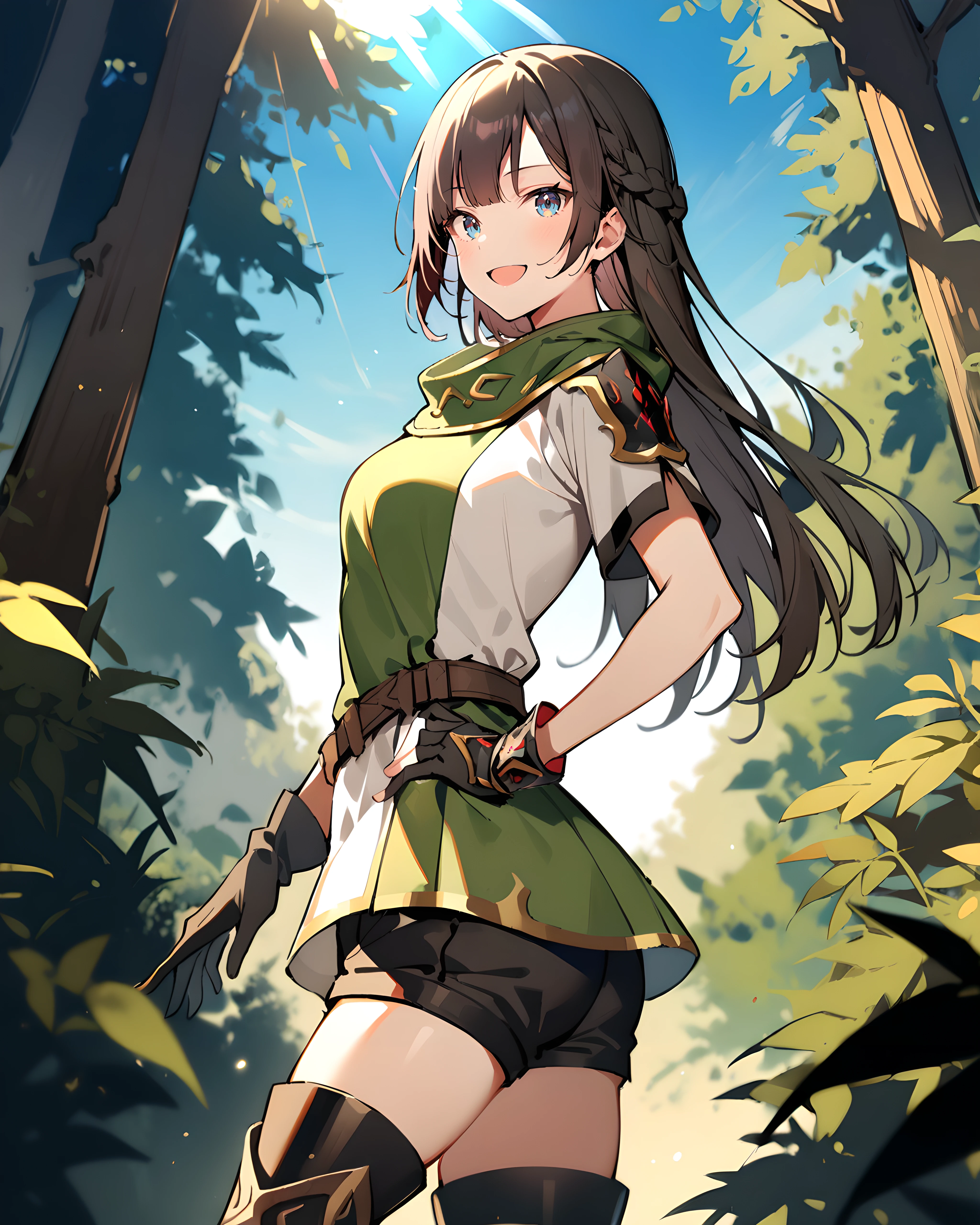 1girl, cowboy shot, standing, from side, looking at viewer, Rana, two-tone shirt, short sleeves, black gloves, black shorts, thigh boots, open mouth, smile, hand on hip, outdoors, forest, blue sky, sunlight <lora:Rana:0.6>