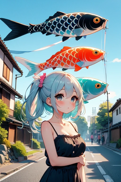 (((masterpiece))), (((best quality))), (((koinobori))), (((colorful carp))), (((flagpole))), ((carp streamer)), looking up, parted lips, floating hair, camisole, steps, slope, alley, street, sky, wind, tree, petals, greenery, lamppole, power pole, low house, japan building, ((crowd)), (((summer festival))), solo, 1girl, cleavage, big tits, shy, blush, slim figure, <lora:girllikekoinobori:0.9>