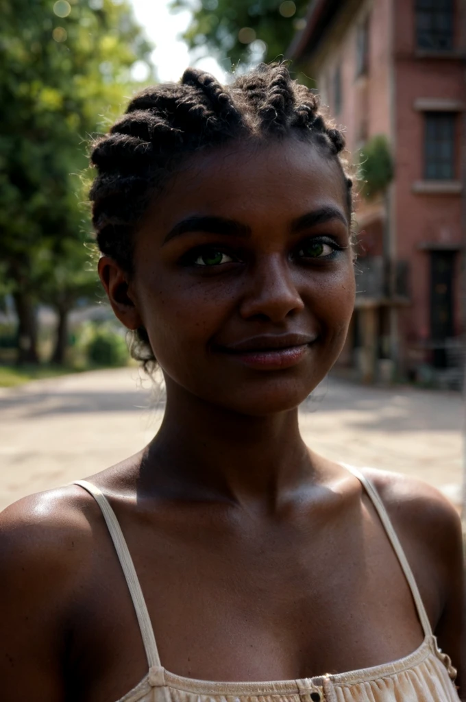 Générer une illustration réaliste en 4K d'une femme africaine dans la quarantaine. Elle a une peau riche et chaleureuse, des traits du visage matures mais empreints de grâce, des yeux expressifs reflétant son vécu, et des cheveux naturels d'une texture afro. Son expression doit évoquer la sagesse et la résilience, capturant la beauté authentique d'une femme forte dans la quarantaine. Assurez-vous que l'image présente des détails réalistes, mettant en valeur la diversité et la richesse de l'esthétique africaine. selfie miroir