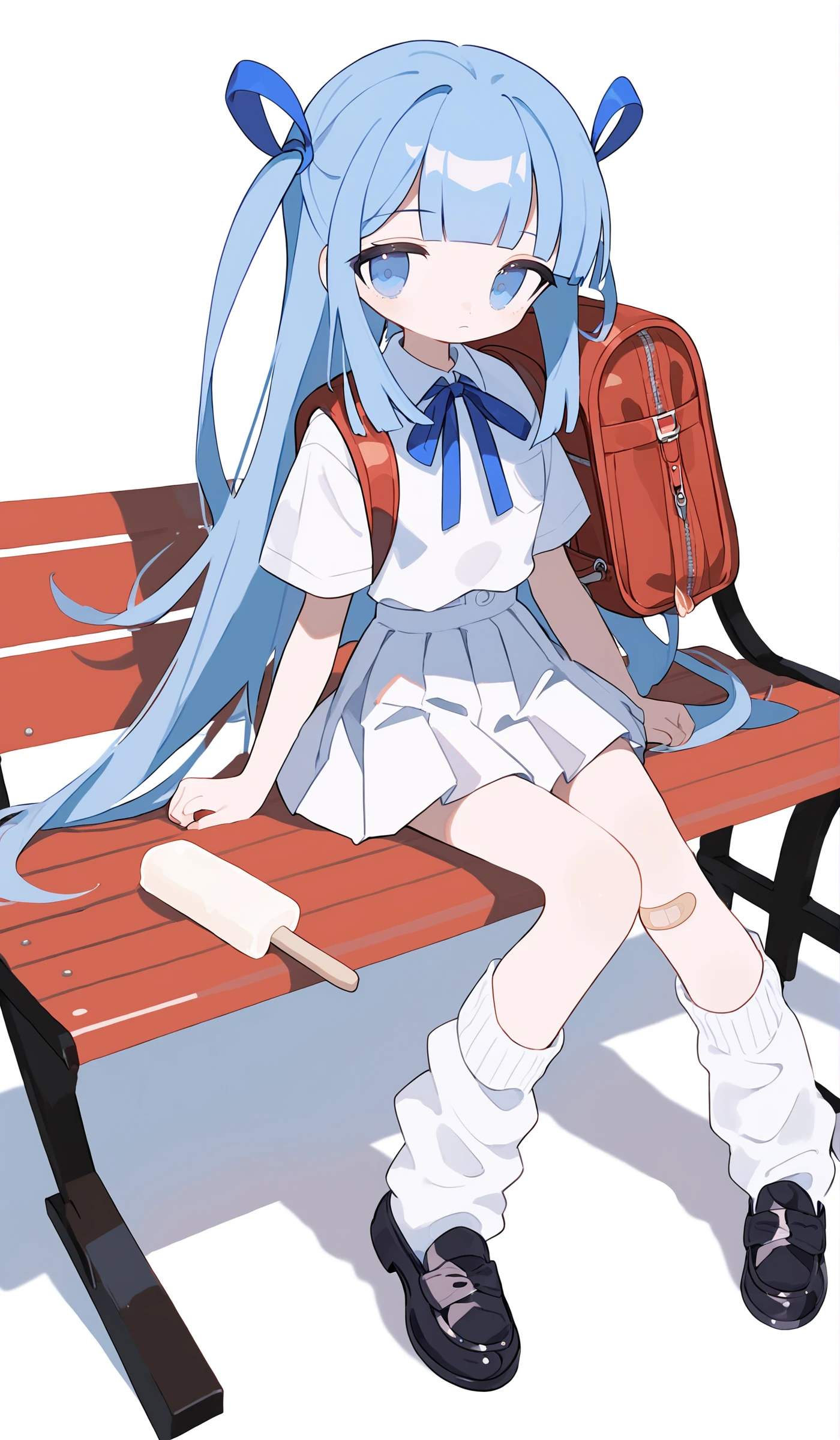 1girl,solo,long hair,bag,food,holding,blue hair,bandaid on leg,sitting,black footwear,bangs,shoes,blue eyes,bandaid,short sleeves,socks,looking at viewer,ribbon,popsicle,white background,neck ribbon,full body,loose socks,skirt,bench,pleated skirt,bandaid on knee,very long hair,simple background,loafers,shirt,white skirt,backpack,bottle,blunt bangs,blue ribbon,white shirt,closed mouth,on bench,<lora:6.1:1>,, score_9,score_8_up,score_7_up,Expressiveh,rating_safe,(masterpiece, best quality)
