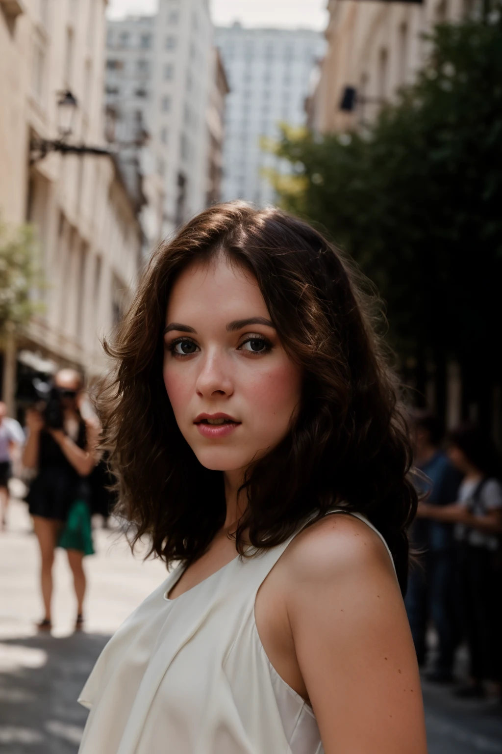 <lora:ChrissieBeauchamp:0.8>, full color portrait of a young woman, wearing a summer dress, in a crowded street, natural light, RAW photo, subject, 8k uhd, dslr, soft lighting, high quality, film grain, Fujifilm XT3, Nikon D850