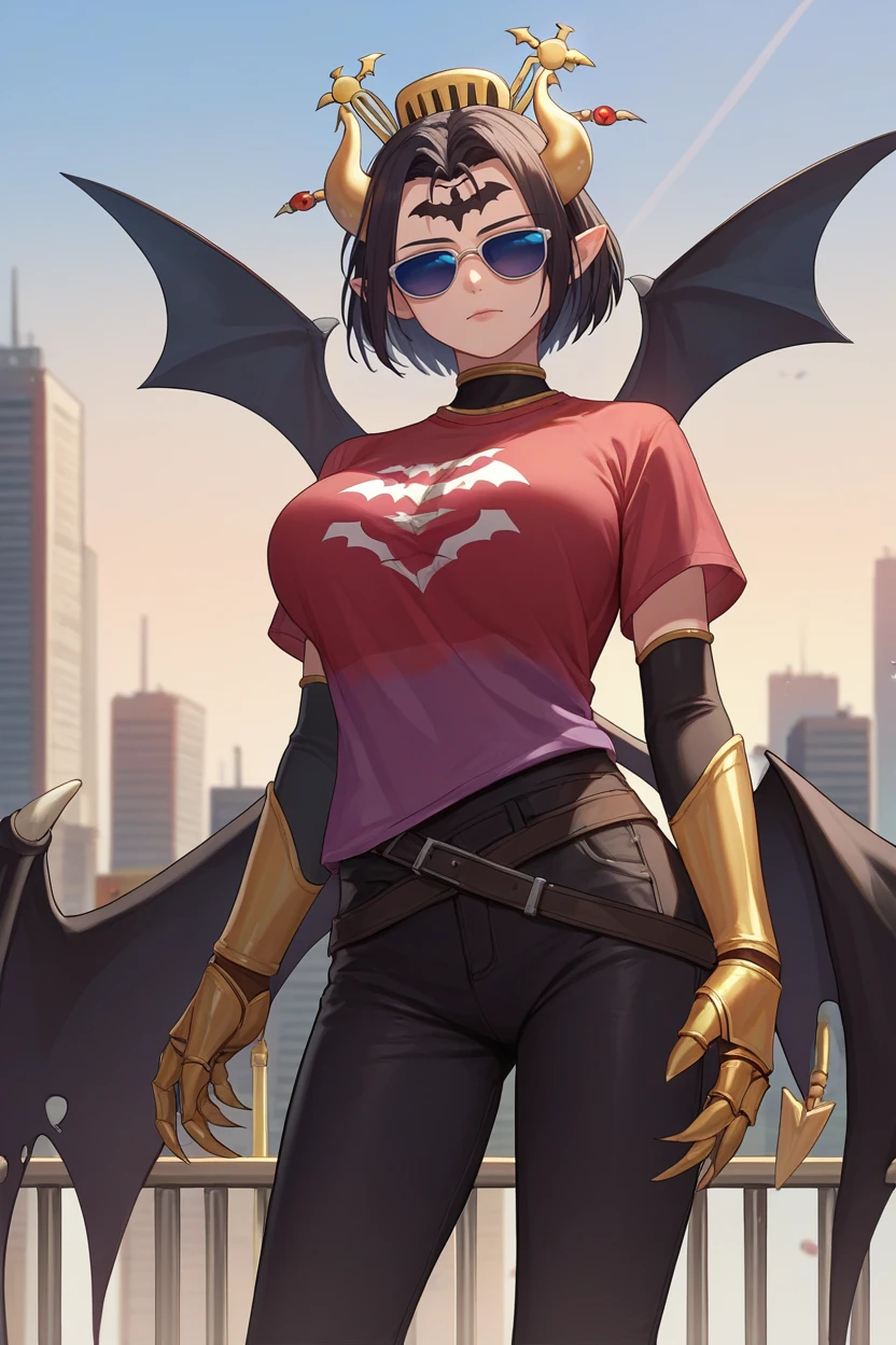 score_9, score_8_up, score_7_up, score_6_up, source_anime BREAK 1girl, solo <lora:lilithmon-pdxl-nvwls-v1-000005:1> lilithmon, black hair, forehead mark, horns, demon wings, hair ornament, gauntlets, large breasts, red t-shirt, black pants, looking at you, city, sunglasses