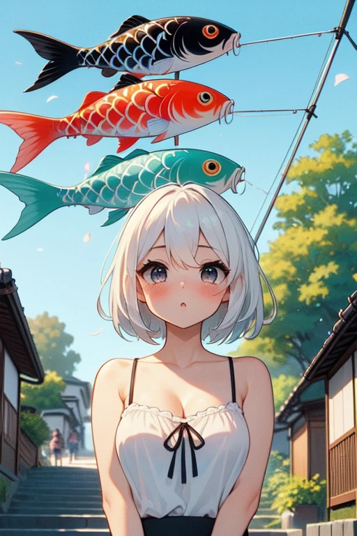 (((masterpiece))), (((best quality))), (((koinobori))), (((colorful carp))), (((flagpole))), ((carp streamer)), looking up, parted lips, floating hair, camisole, steps, slope, alley, street, sky, wind, tree, petals, greenery, lamppole, power pole, low house, japan building, ((crowd)), (((summer festival))), solo, 1girl, white hair, short hair, cleavage, big tits, shy, blush, slim figure, <lora:girllikekoinobori:0.9>