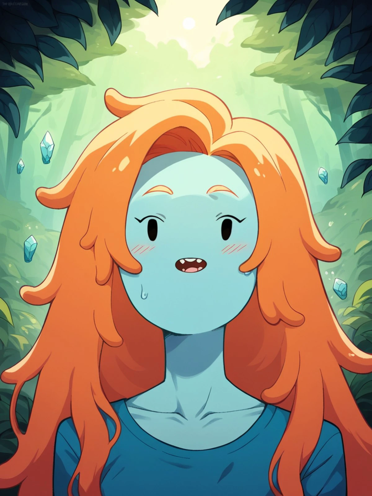 score_9, score_8_up, score_7_up, score_6_up, score_5_up, score_4_up, 4dv3ntur3t1m3, adventure time, <lora:4dv3ntur3t1m3XLP:1> 1girl, orange hair, portrait, long hair, crystals, forest, slime, ghosts
